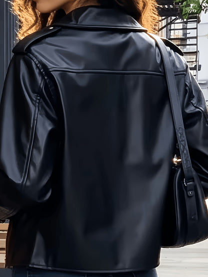 Edgy Black Faux Leather Moto Jacket for Women with Notched Lapel Asymmetrical Zip Ribbed Biker Style