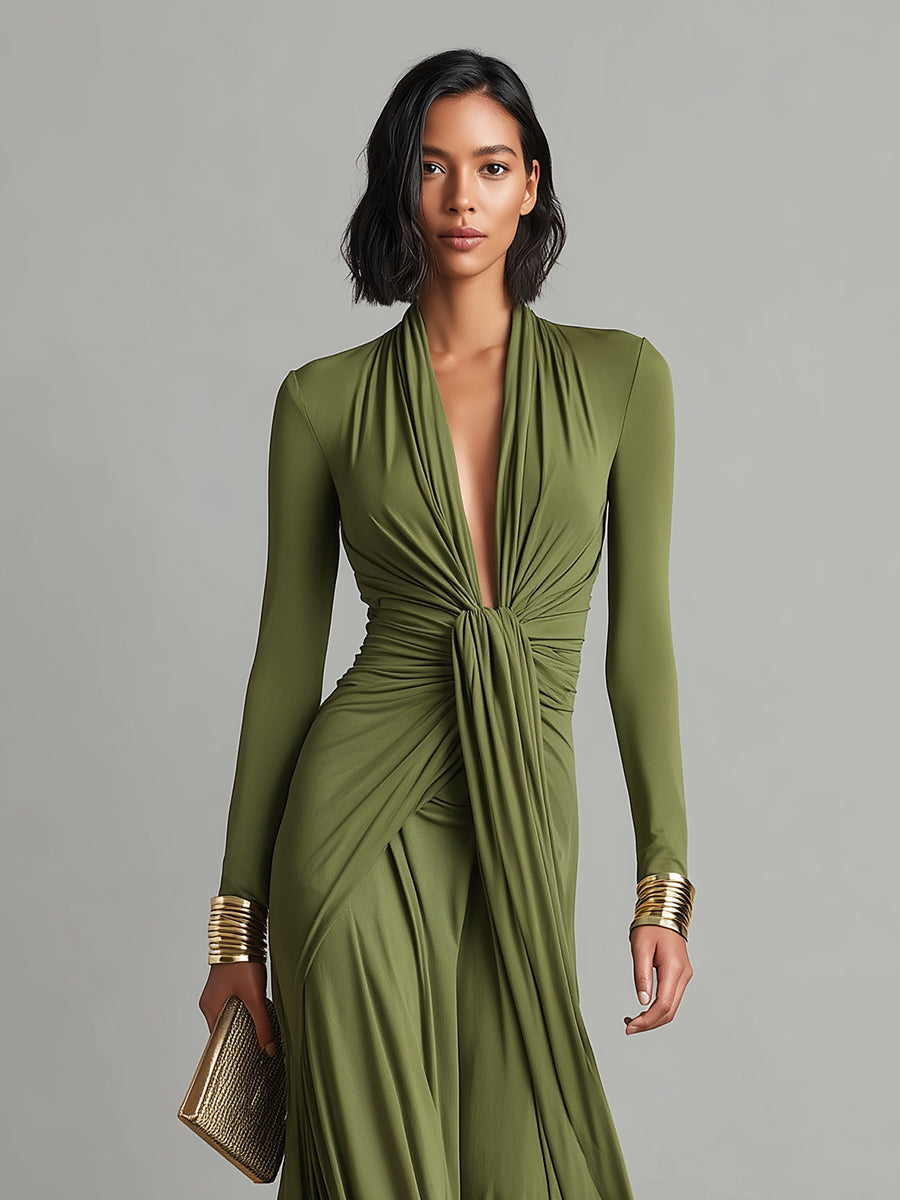 Elegant Green Dress for Women with Deep V Neck Twist Knot Waist Long Sleeve Ruched Formal Wedding Guest Style