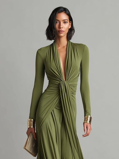 Elegant Green Dress for Women with Deep V Neck Twist Knot Waist Long Sleeve Ruched Formal Wedding Guest Style