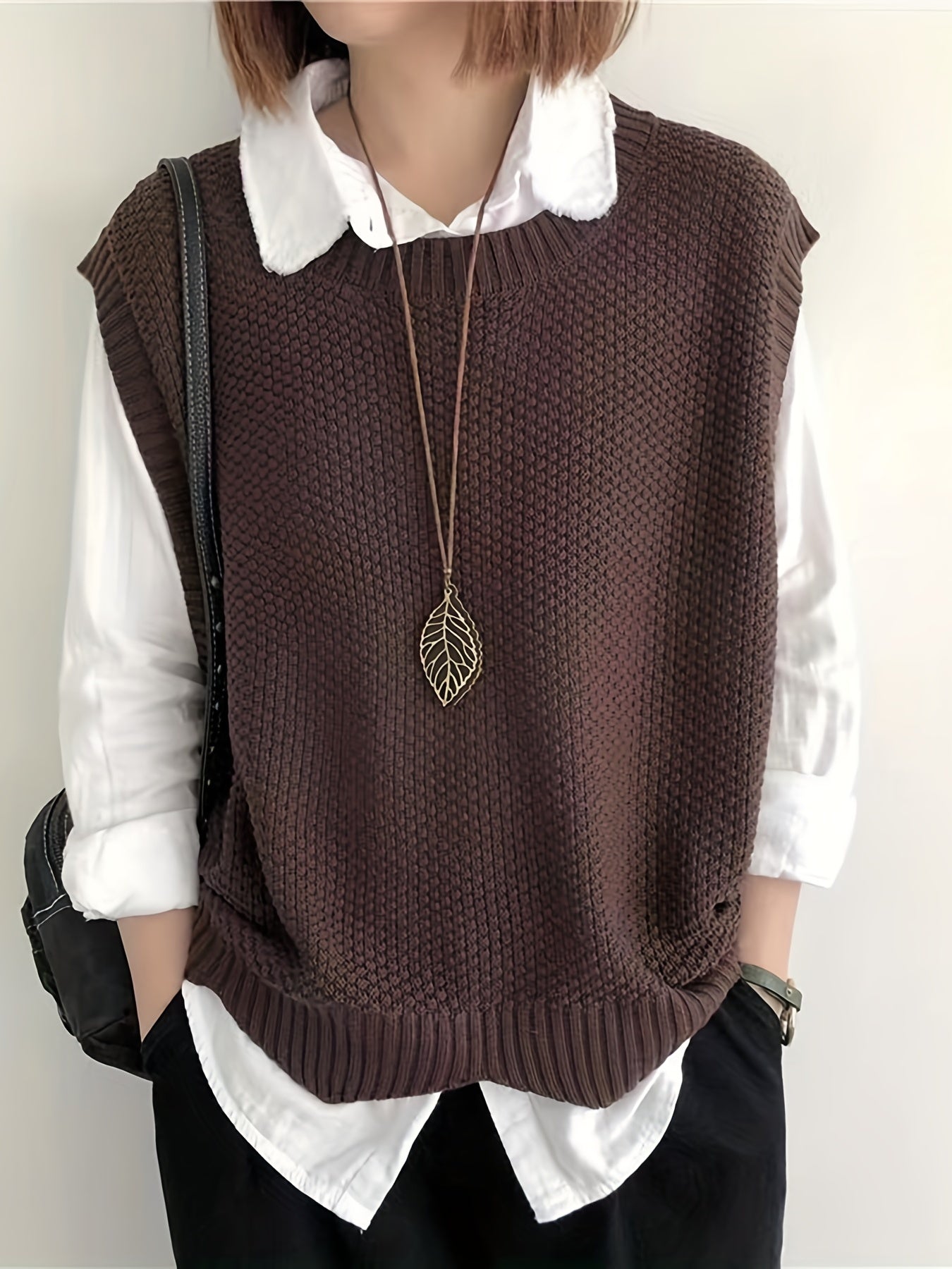 Comfortable Chunky Knit Sweater Vest for Women with Crew Neck Sleeveless Ribbed Trim Relaxed Oversized Style