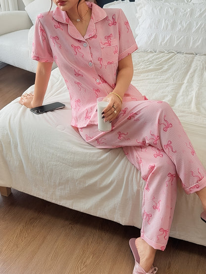 Comfortable Bow Print Pajama Set for Women with Notched Collar Short Sleeve Button Front Two Piece Style