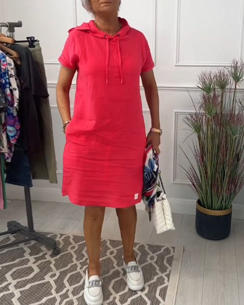 Comfortable Coral Hoodie Dress for Women with Drawstring Hood Short Sleeve Relaxed Shift Casual Style