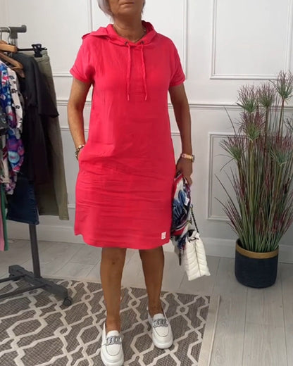 Comfortable Coral Hoodie Dress for Women with Drawstring Hood Short Sleeve Relaxed Shift Casual Style