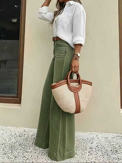 Effortless Fern Green High Waisted Jeans for Women with Wide Leg Stretch Denim Flare Casual Style