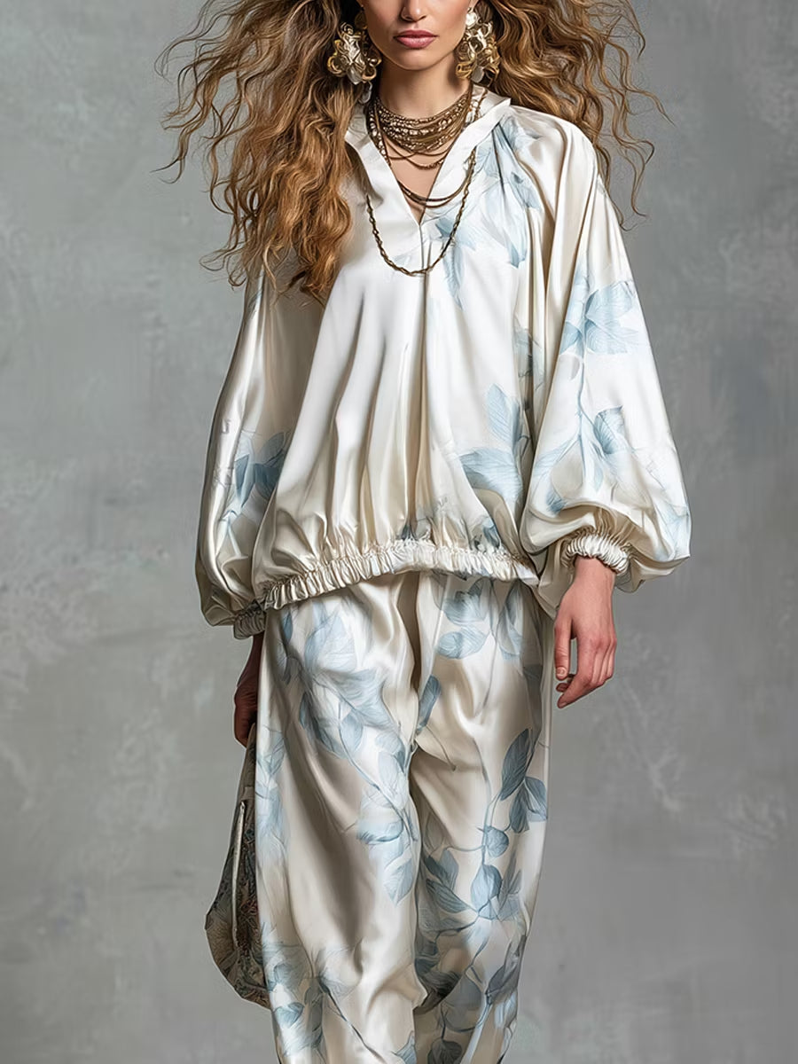 Effortless Blue Floral Satin Two Piece Set for Women with Blouson Top Wide Leg Pants Bohemian Style