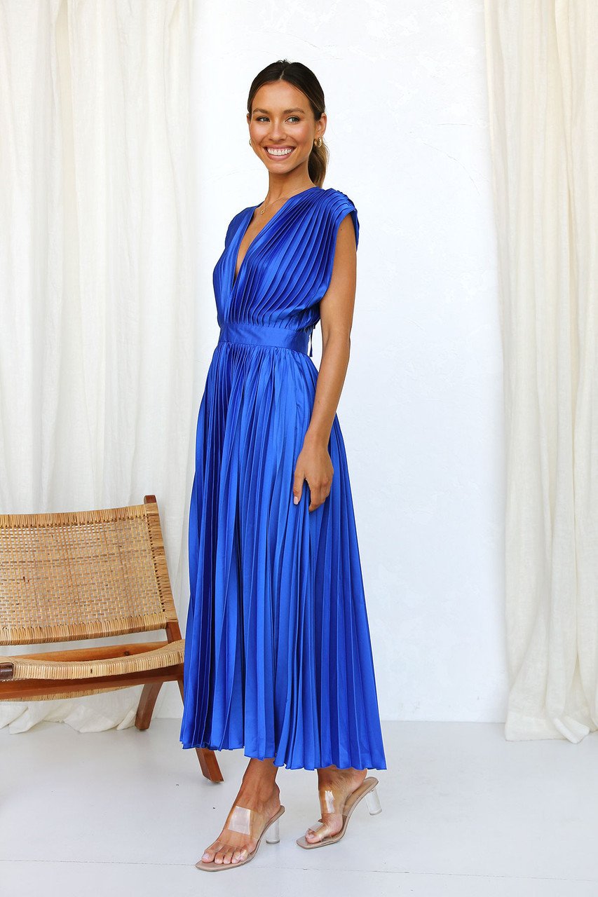 Elegant Pleated Midi Dress for Women with Deep V Neck Formal Wedding Guest Style