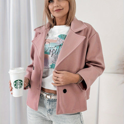 Effortless Pink Pea Coat for Women with Notched Lapel Long Sleeve Double Breasted Cropped Casual Style