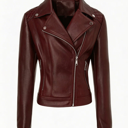 Elegant Leather Moto Jacket for Women with Notch Lapel Asymmetric Zip Front Fitted Style