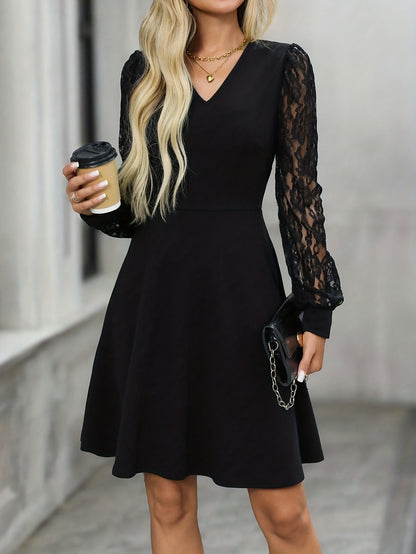 Elegant Lace Christmas Party Dress for Women with V Neck Lantern Sleeve A Line Belted Style