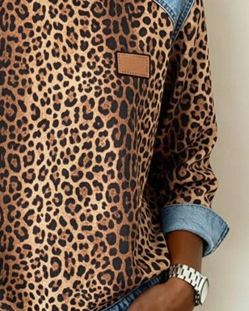 Comfortable Leopard Print Sweatshirt for Women with Crew Neck Long Sleeve Denim Colorblock Relaxed Style