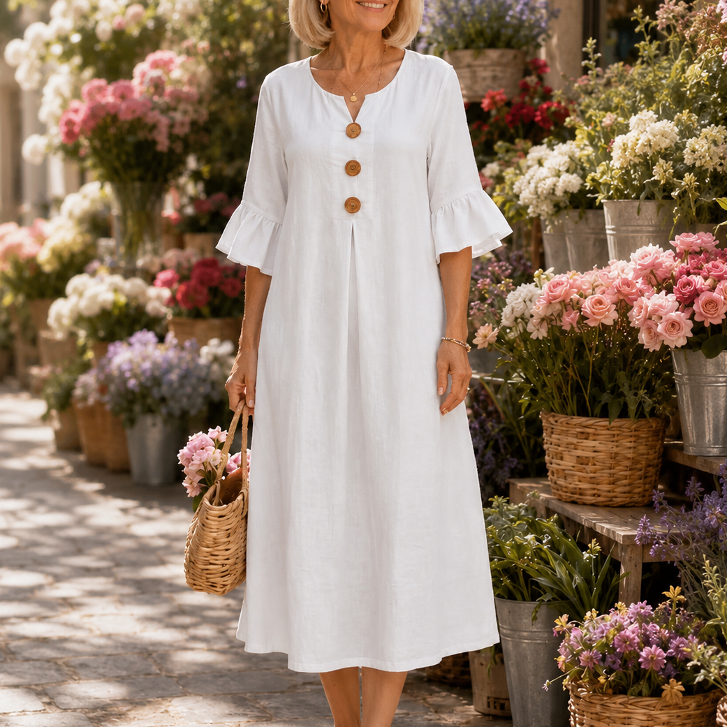 Effortless Linen Midi Dress for Women with Round Neck Bell Sleeve Button Front Relaxed Style