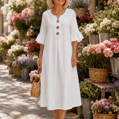 Effortless Linen Midi Dress for Women with Round Neck Bell Sleeve Button Front Relaxed Style