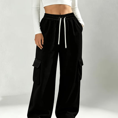 Effortless Black Cargo Pants for Women with High Waist Drawstring Wide Leg Relaxed Style