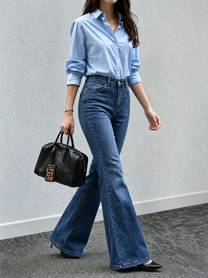 Elegant Medium Blue High Waisted Jeans for Women with Flare Leg Back Pocket Relaxed Casual Style