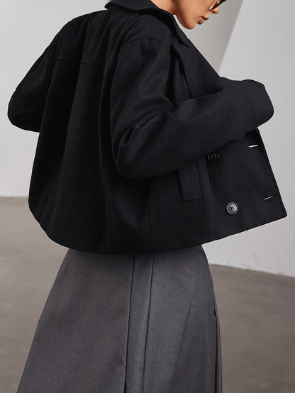 Elegant Black Pea Coat for Women with Notch Lapel Long Sleeve Double Breasted Cropped Style