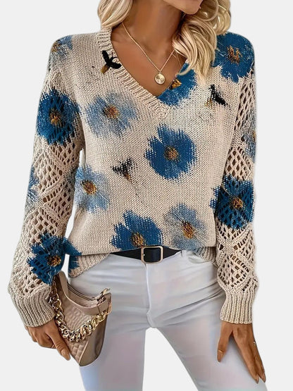 Comfortable Floral Crochet Sweater for Women with V Neck Long Sleeve Oversized Knit Style