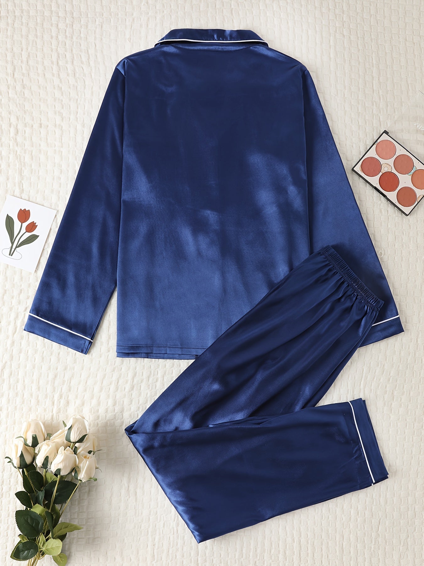 Comfortable Satin Pajamas for Women with Collar Button Front Piping Trim