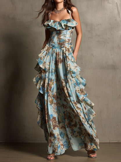 Elegant Blue Floral Maxi Dress for Women with Strapless Ruffle Tiered Formal Wedding Guest Style