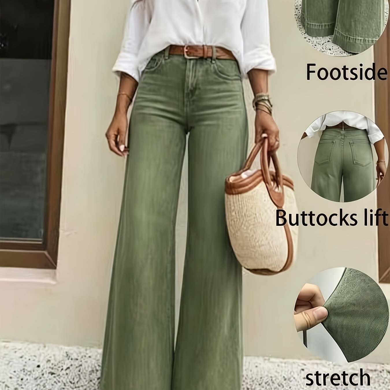 Effortless Fern Green High Waisted Jeans for Women with Wide Leg Stretch Denim Flare Casual Style