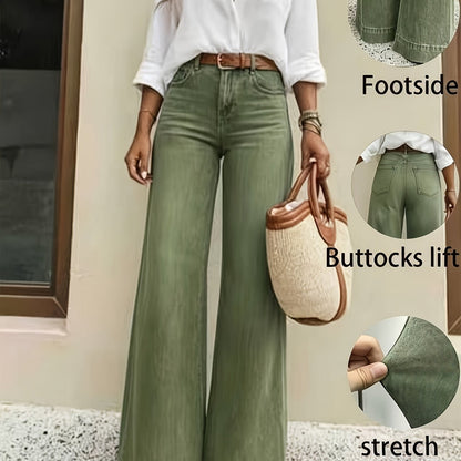 Effortless Fern Green High Waisted Jeans for Women with Wide Leg Stretch Denim Flare Casual Style