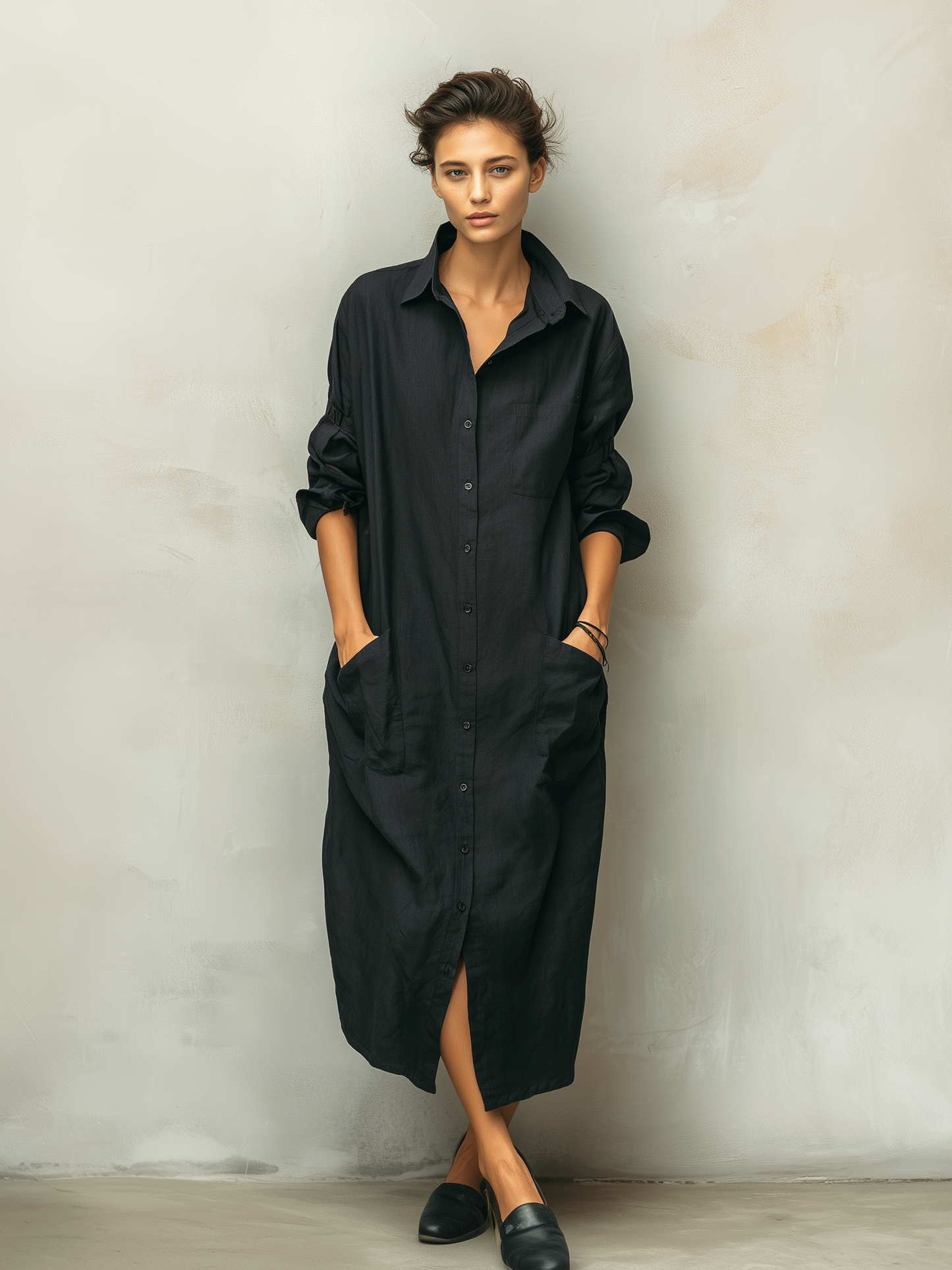 Effortless Black Shirt Dress for Women with Collared Neck Button Front Long Sleeve Linen Casual Maxi Style