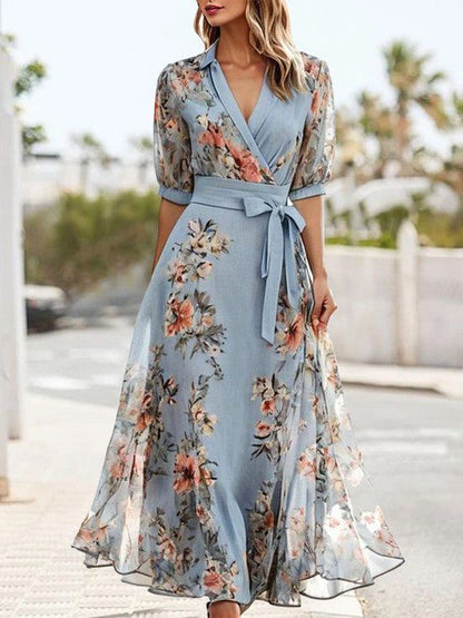 Elegant Blue Floral Wrap Maxi Dress for Women with V-Neck Puff Sleeve Tie Waist Casual Wedding Guest Style