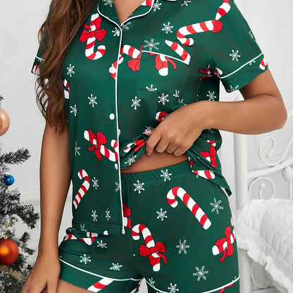 Cozy Candy Cane Print Christmas Holiday Pajamas for Women with Notch Collar Short Sleeve Two Piece Style