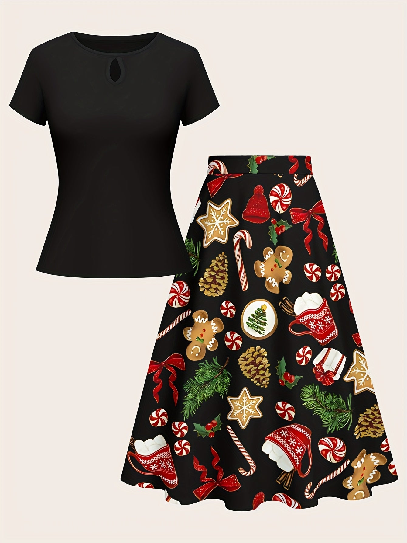Elegant Black And Green Christmas Attire Two Piece Set for Women with Keyhole Top Candy Print A Line Skirt Holiday Style