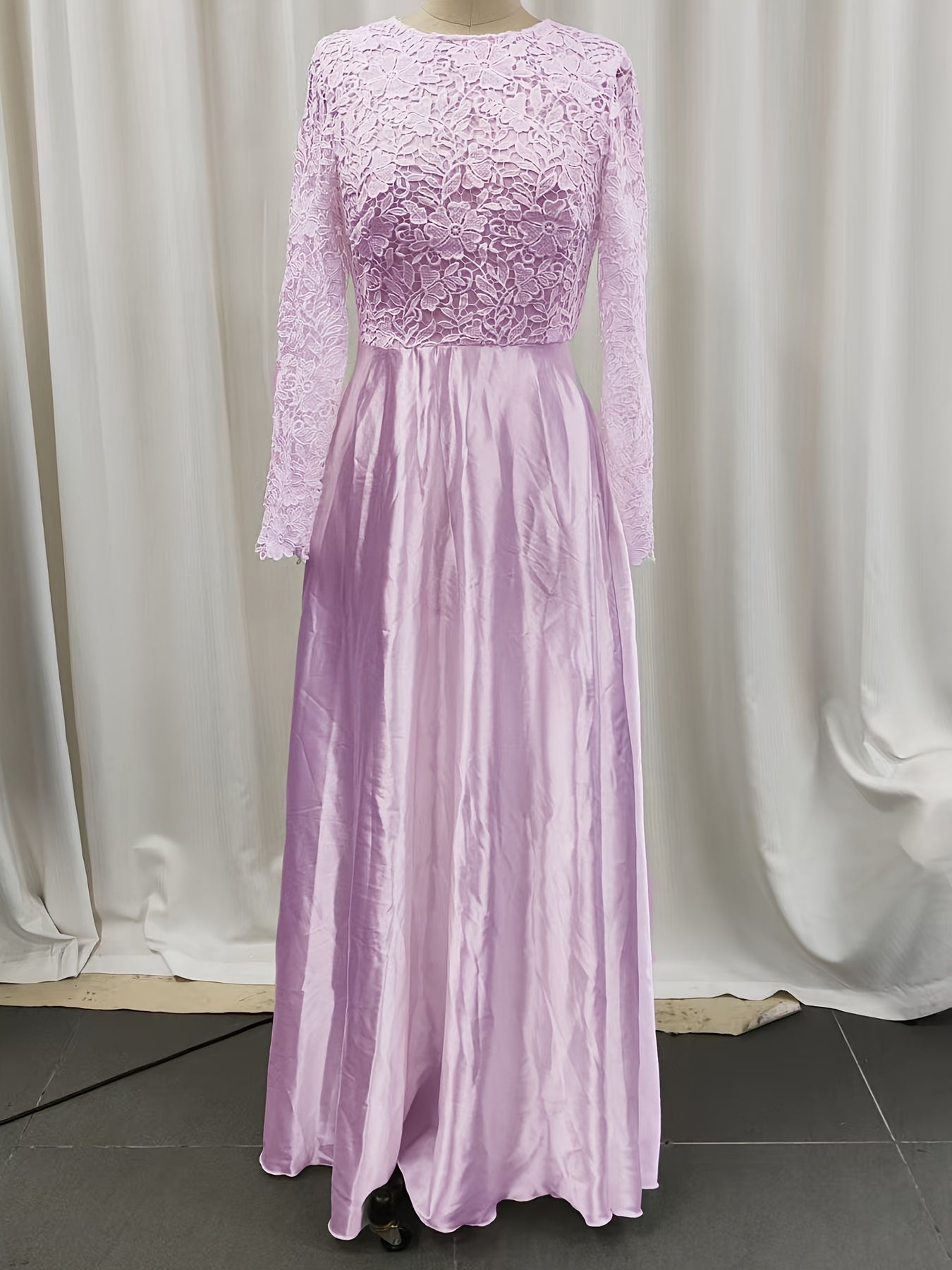 Elegant Lace Wedding Gown for Women with Round Neck Long Sleeve A Line Satin Train Bridal Style