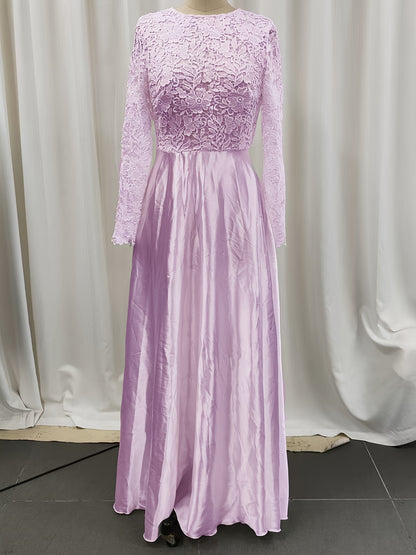 Elegant Lace Wedding Gown for Women with Round Neck Long Sleeve A Line Satin Train Bridal Style