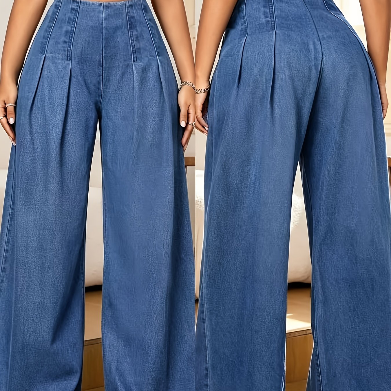 Elegant Royal Blue Denim High Waisted Pants for Women with Pleated Front Wide Leg Relaxed Flowing Style