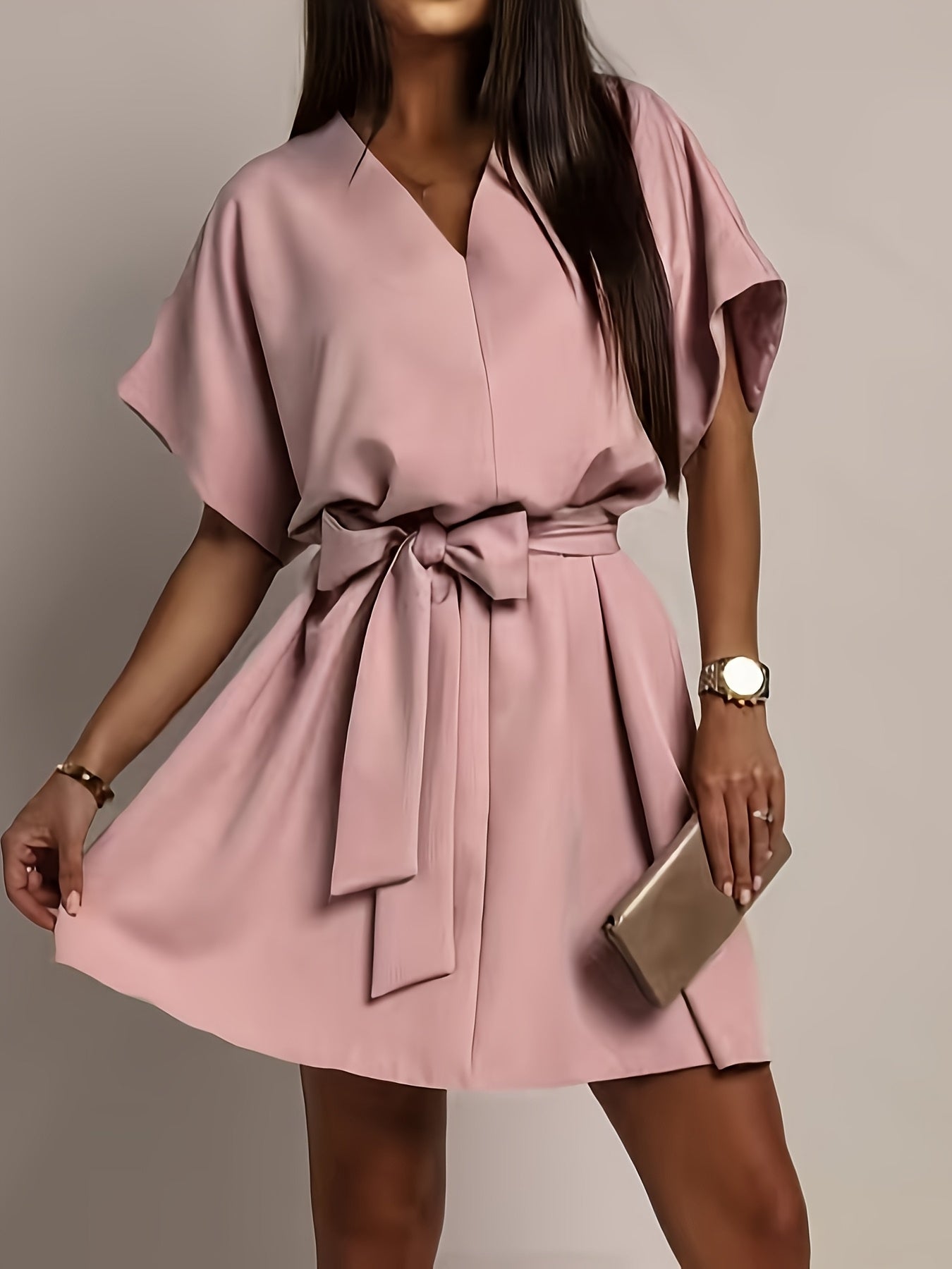 Elegant Light Pink Dress for Women with V Neck Batwing Sleeve Belted Flowing Style