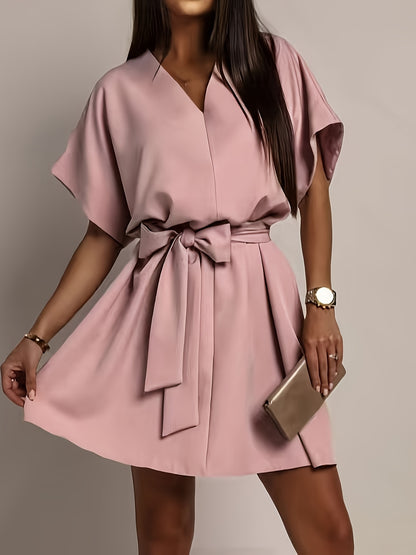 Elegant Light Pink Dress for Women with V Neck Batwing Sleeve Belted Flowing Style