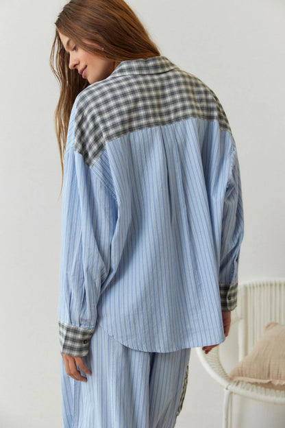 Effortless Striped Plaid Pajama Set for Women with Collar Long Sleeve Wide Leg Two Piece Style