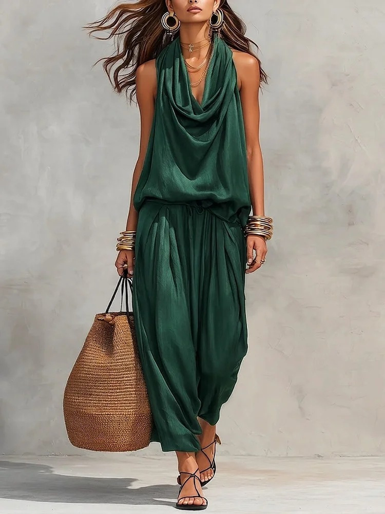 Elegant Black Halter Neck Two Piece Set for Women with Pleated Wide Leg Trouser