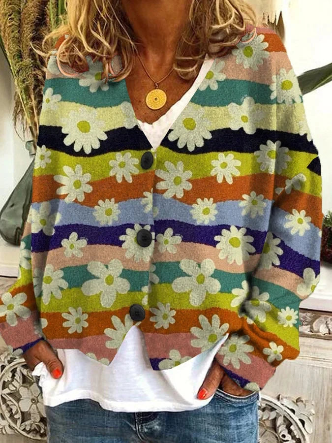 Cozy Floral Knit Cardigan for Women with V Neck Long Sleeve Striped Button Front Style