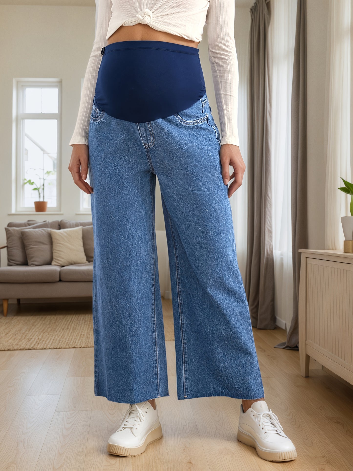 Effortless Blue Denim Maternity Jeans for Women with Wide Leg Belly Band Relaxed Casual Style