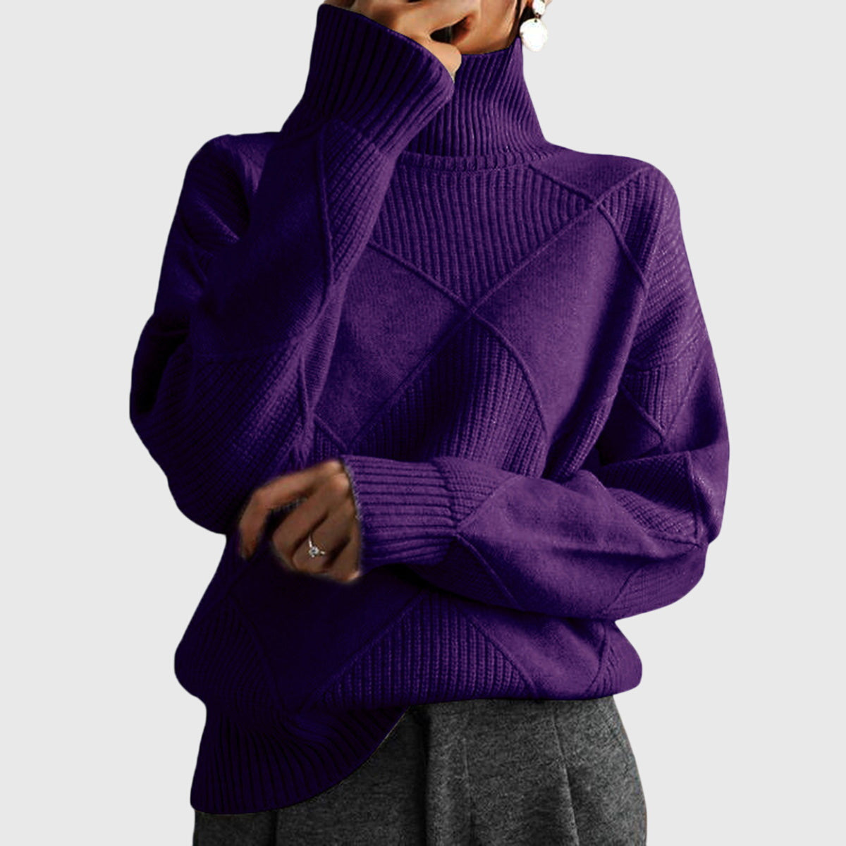 Comfortable Ribbed Knit Sweatshirt for Women with Turtleneck Long Sleeve Oversized Drop Shoulder Style