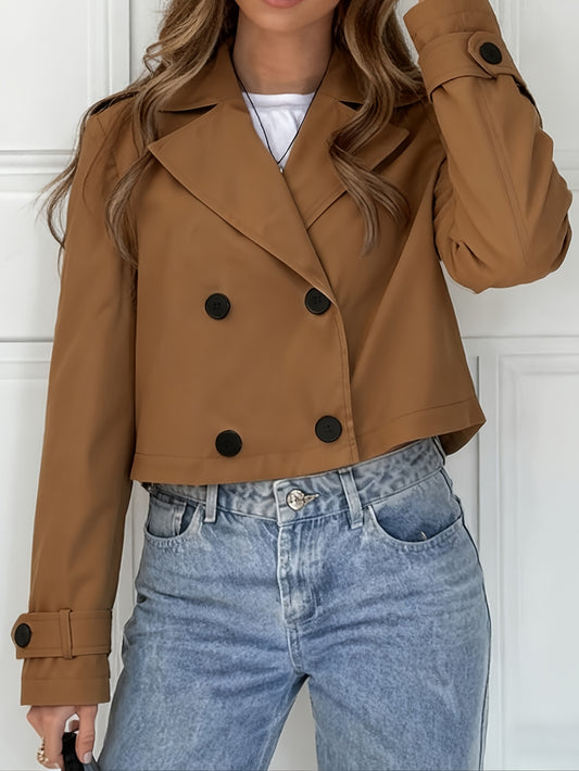 Elegant Brown Cropped Pea Coat for Women with Notched Lapel Long Sleeve Double Breasted Casual Style