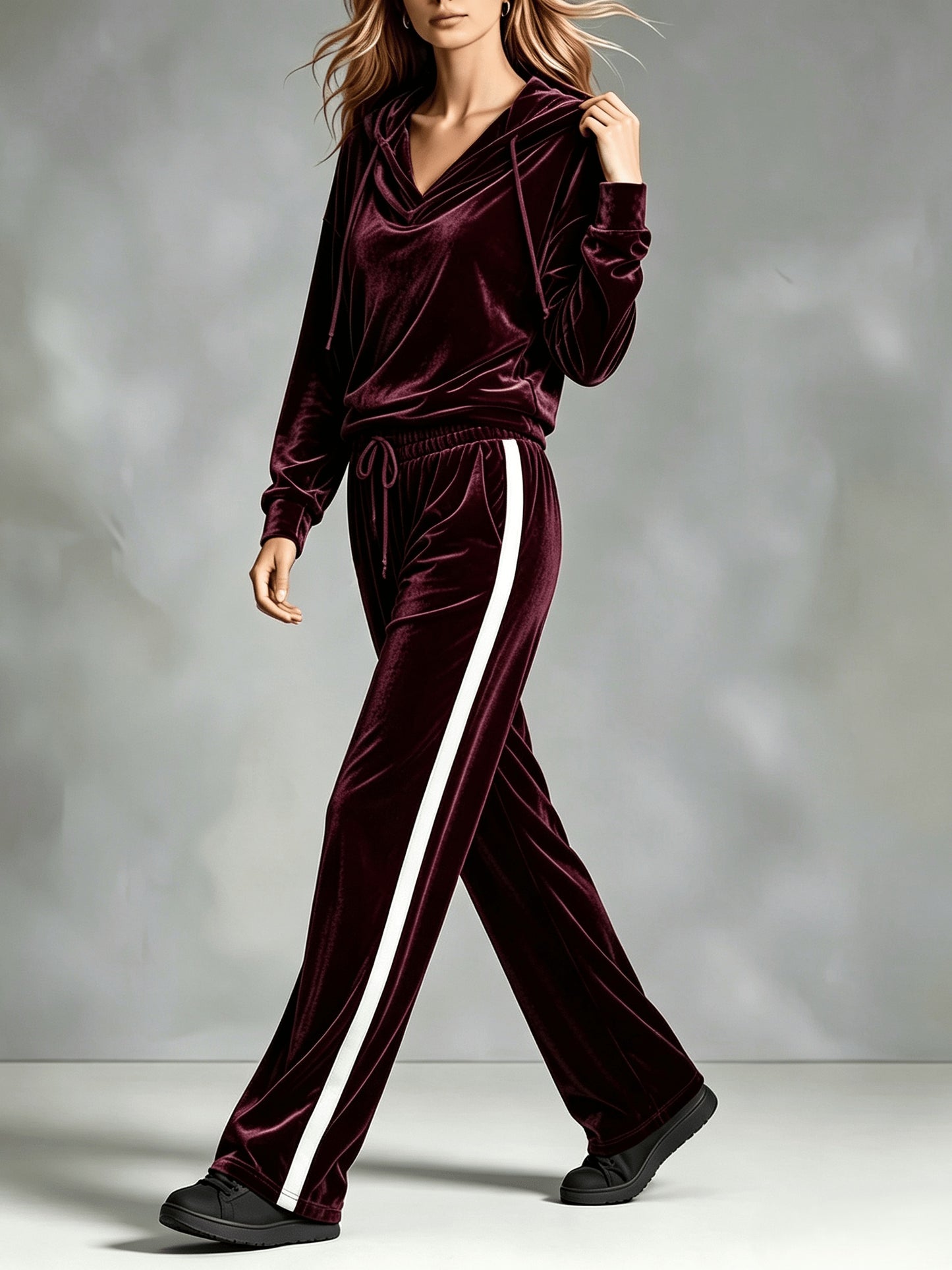 Cozy Velvet Sweatsuit for Women with Cowl Neck Long Sleeve Drawstring Side Stripe Relaxed Style