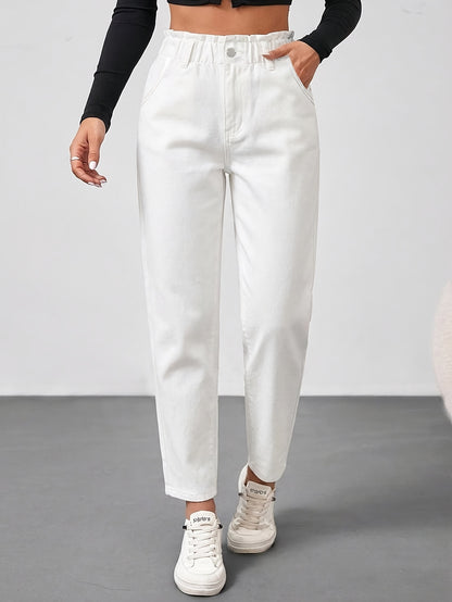 Effortless White Jeans for Women with Paperbag Waist Tapered Ankle Length Casual Style