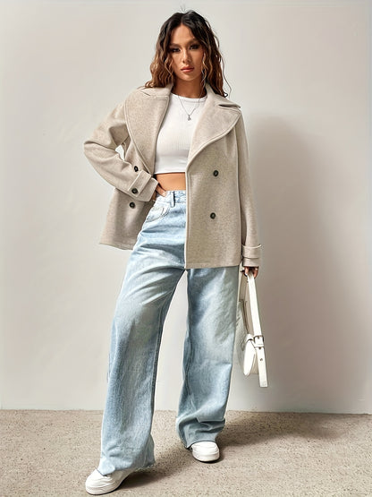Elegant Beige Pea Coat for Women with Notched Lapel Long Sleeve Double Breasted Oversized Style