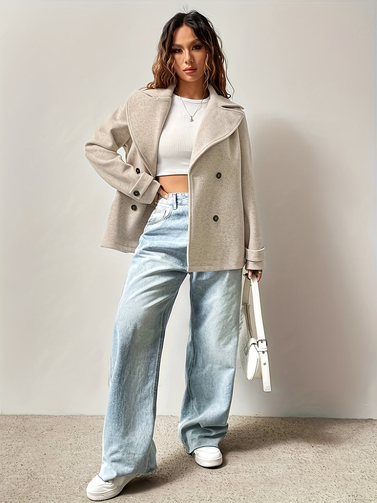 Elegant Beige High Pea Coat for Women with Notched Collar Long Sleeve Double Breasted Relaxed Style