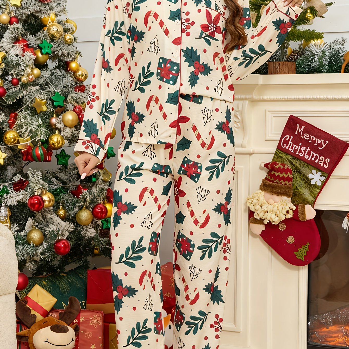 Cozy White Candy Cane Print Christmas Pajamas for Women with Notch Collar Long Sleeve Button Front Two Piece Style