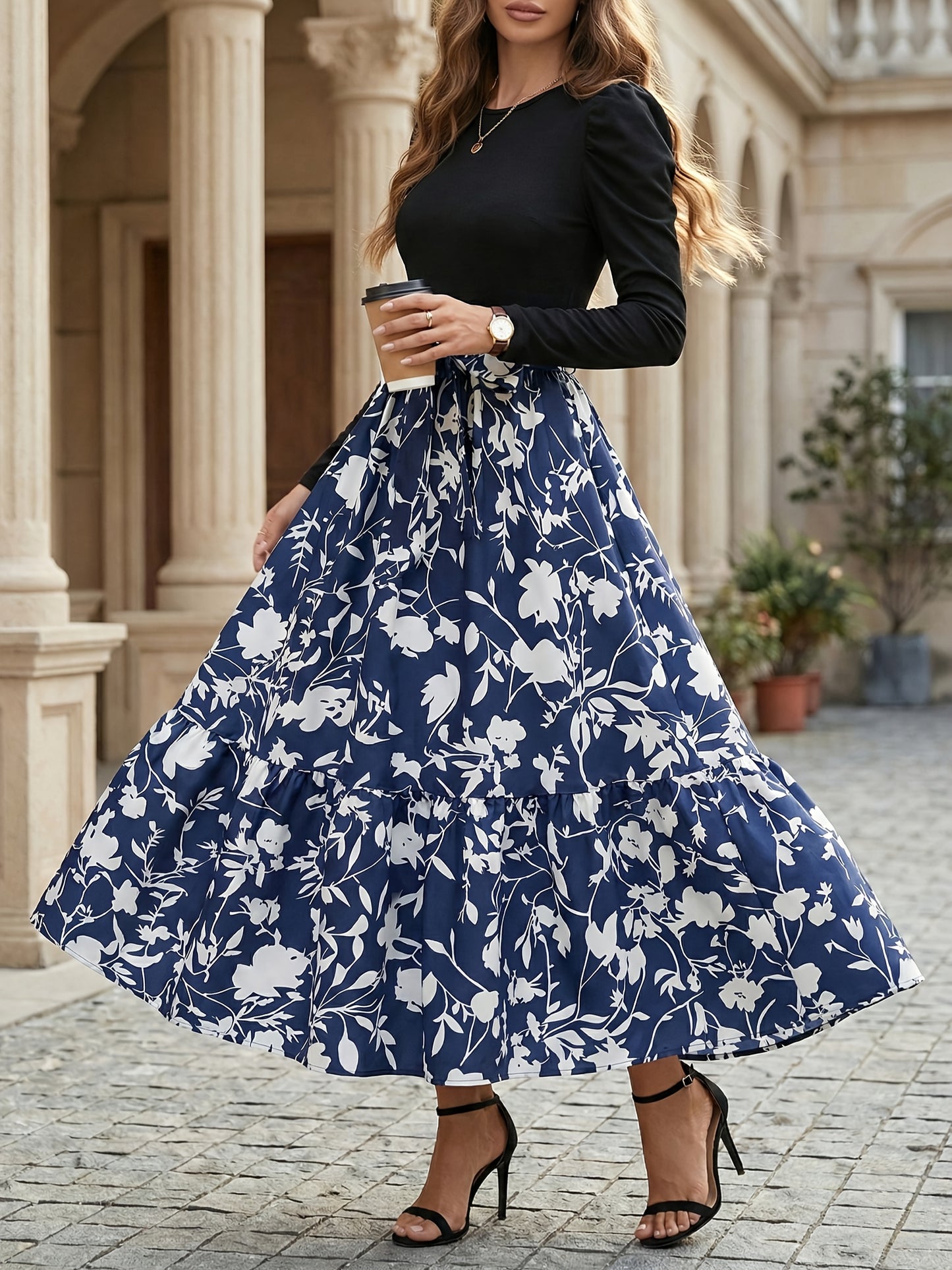 Elegant Blue And Black Dress for Women with Round Neck Long Sleeve Floral Tiered Maxi Flowing Style