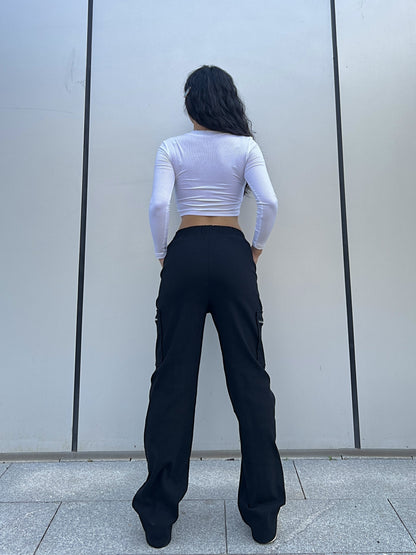 Effortless Black Cargo Pants for Women with High Waist Zip Pocket Wide Leg Relaxed Style