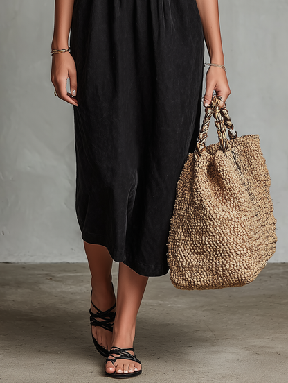 Stylish Black Dress for Women with Floral Embroidered Bodice Square Neck Sleeveless Casual Midi Style