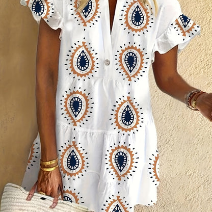 Elegant White Tribal Print Midi Dress for Women with V Neck Ruffle Sleeve Tiered Boho Style