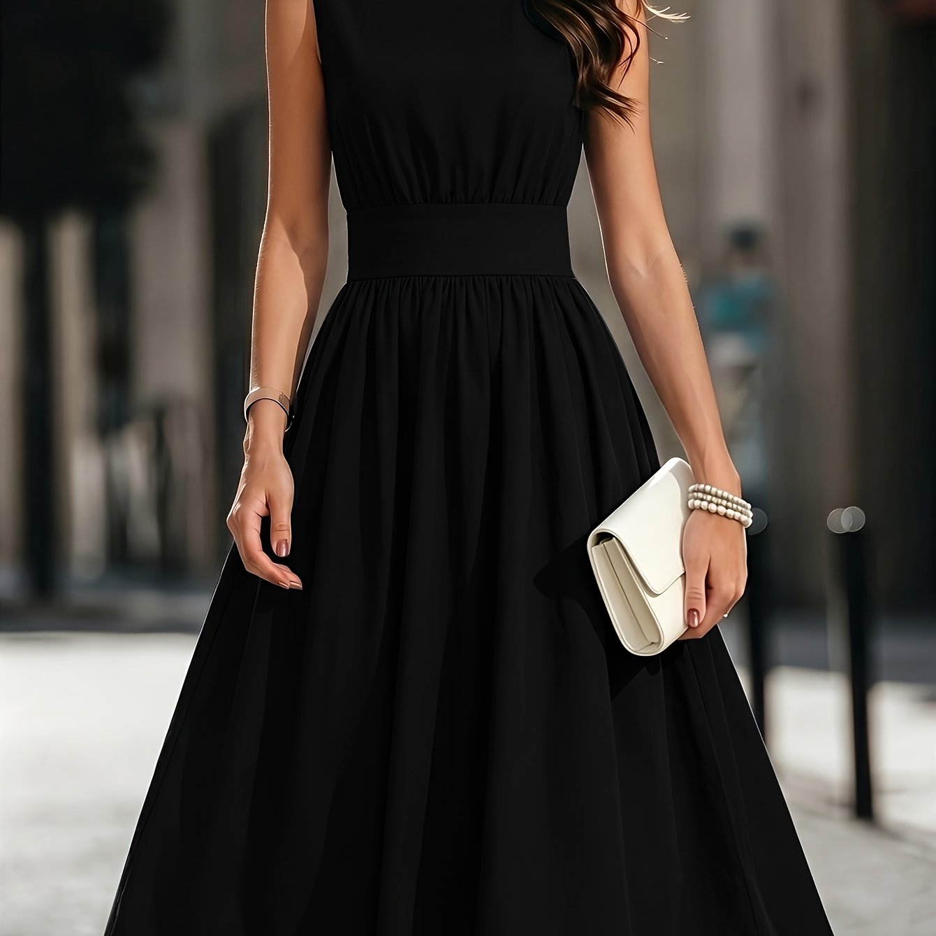 Refined Semi Formal Dress for Women with Round Neck Sleeveless Shirred Waist Fit and Flare Midi Party Style