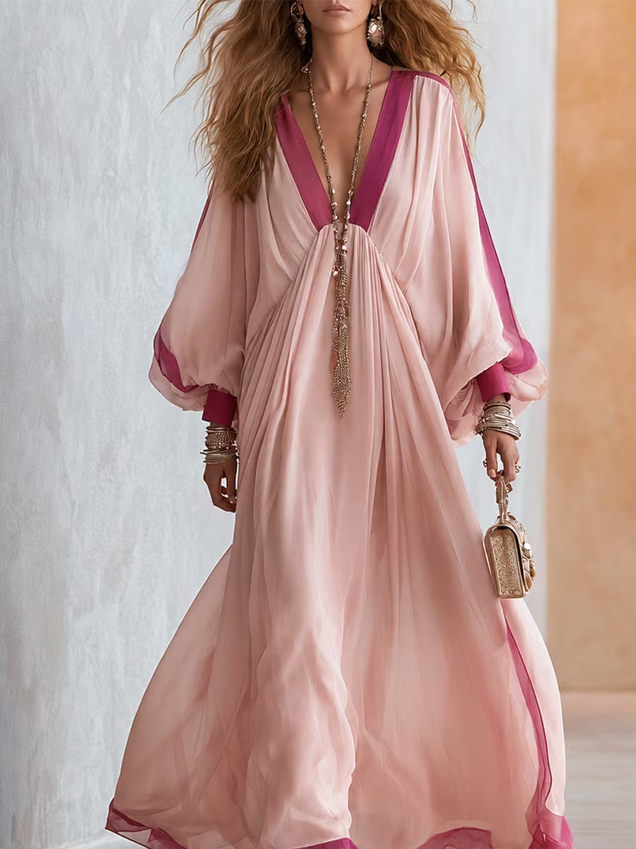 Elegant Pink Color Block Winter Wedding Guest Dress for Women with V Neck Bell Sleeve Flowing Bohemian Style